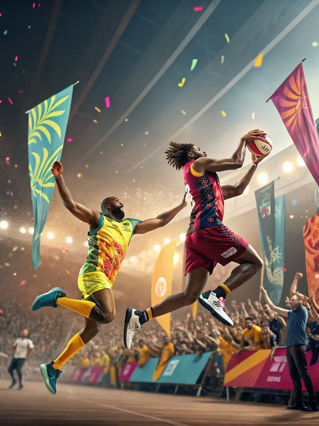 An action-packed image featuring various sports and esports elements, such as a basketball player, a football stadium, and esports competitors, representing the sportsbooks and esports betting options on JLPH.