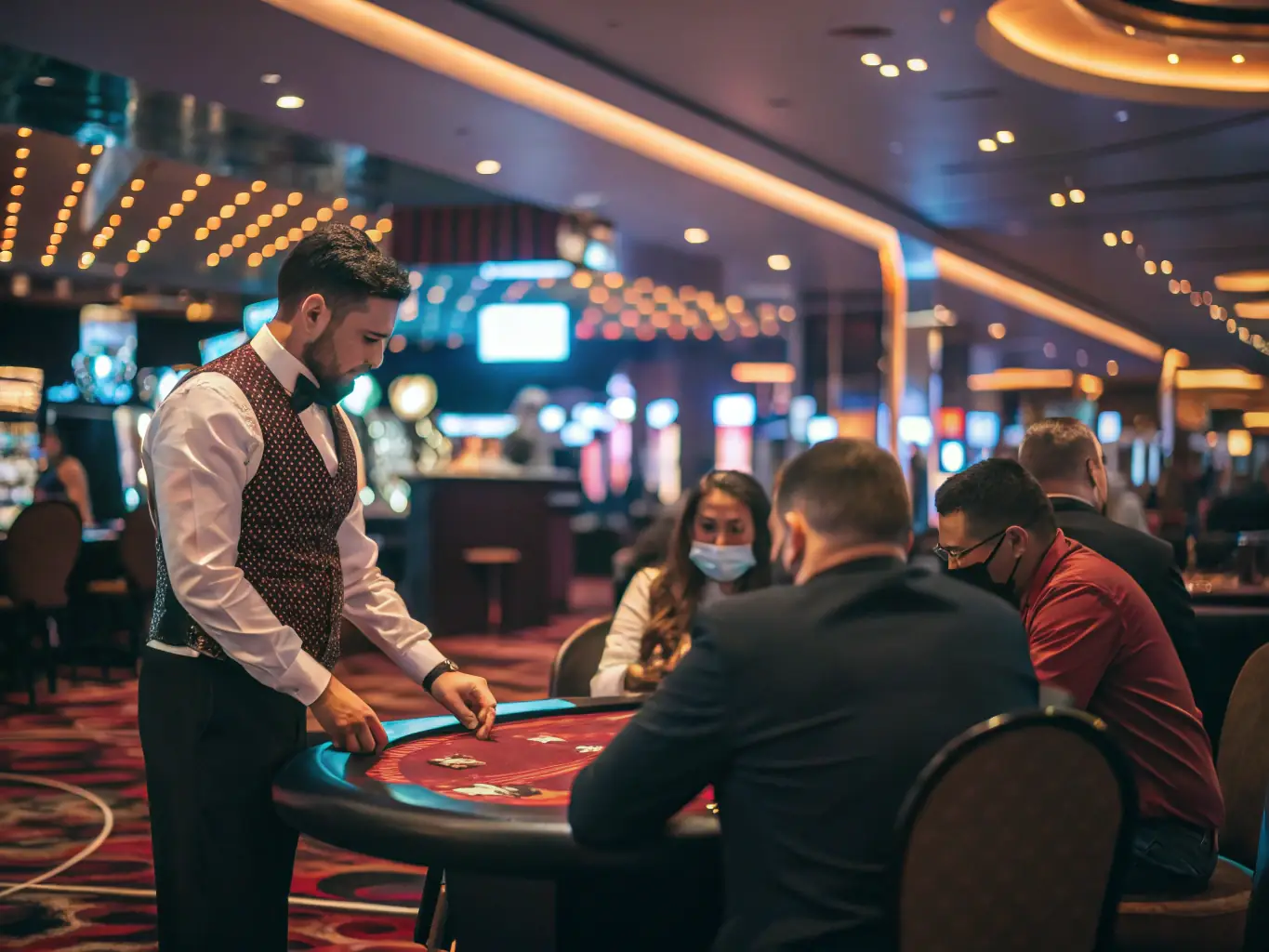 A live casino setting with a professional dealer at a blackjack table, interacting with players via a high-definition video stream.